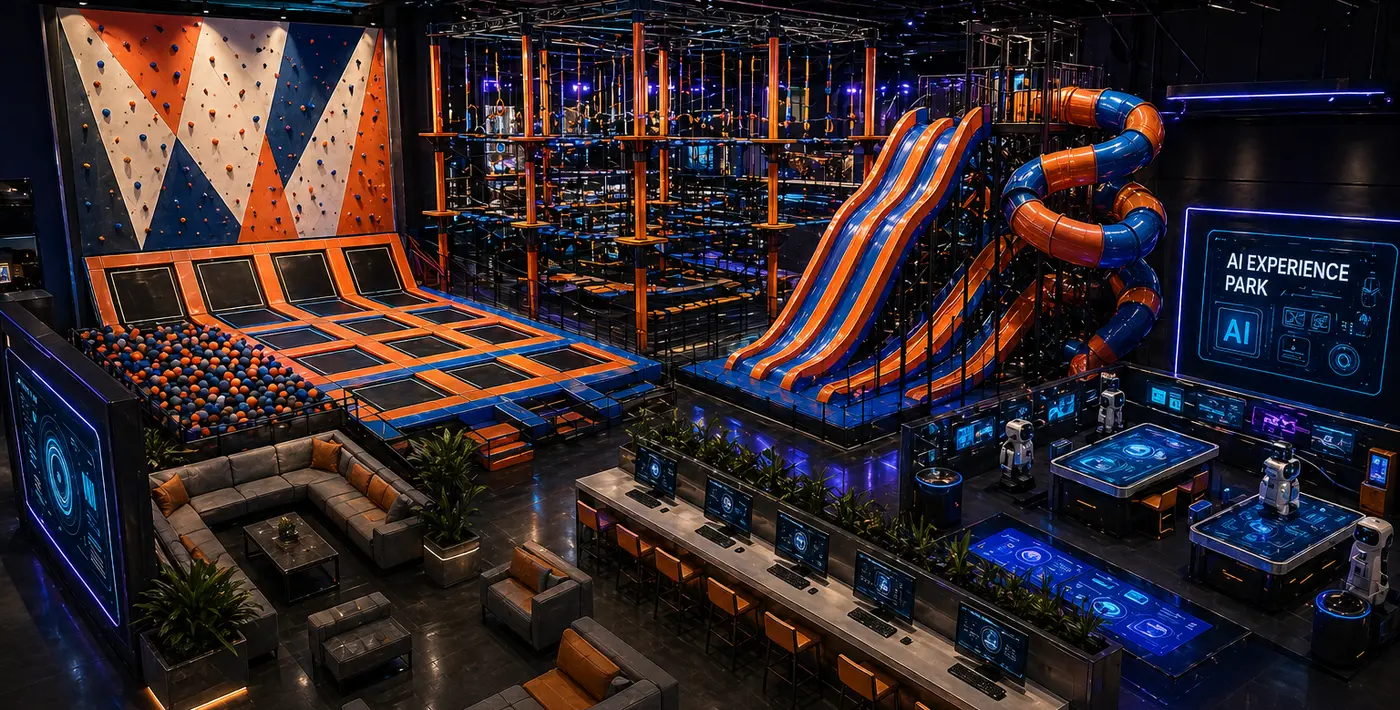 AI Experience Park concept rendering showing 20 interactive zones